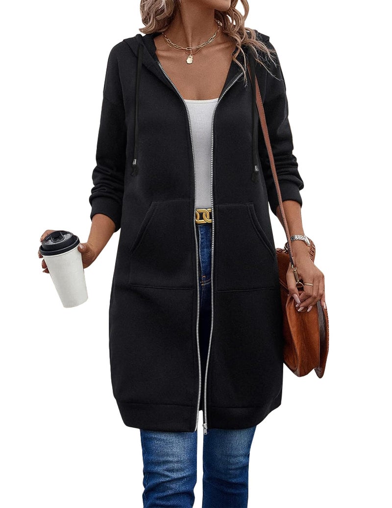 ELESOL Women's Casual Pockets Zip up Hoodies Tunic Sweatshirt Long Hoodie Jacket, Black X-Large - Image 2
